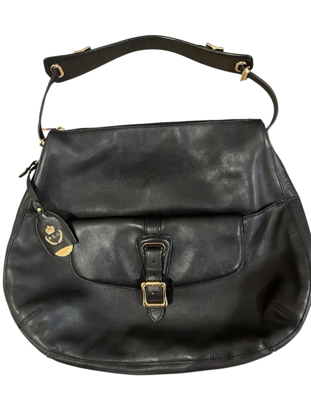 Lauren Ralph Lauren Black Leather Shoulder Bag Hobo Handbag Gold Hardware